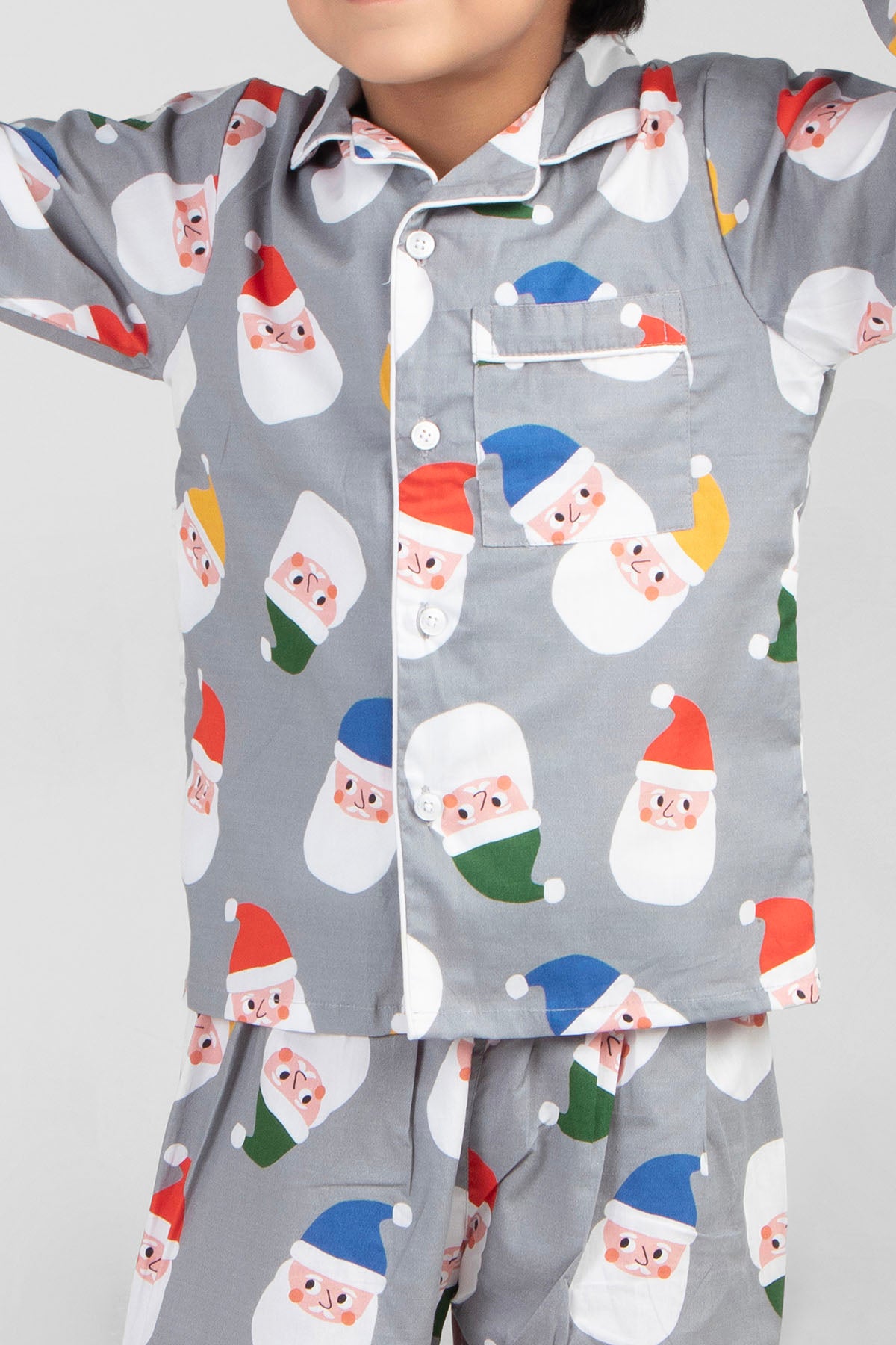 Multi Color Cap Grey Santa Christmas Printed Nightsuit Set