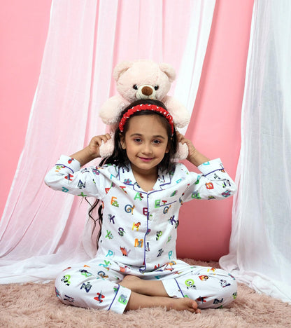 ABC White Printed Girls Nightsuit Set