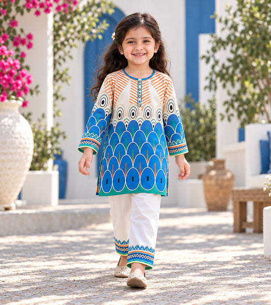 Azure Peacock Girls Pyjama Kurta Set