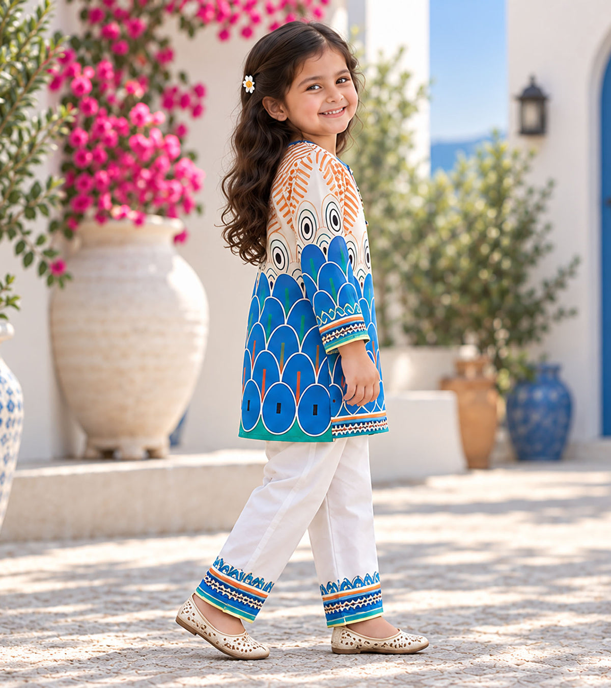 Azure Peacock Girls Pyjama Kurta Set