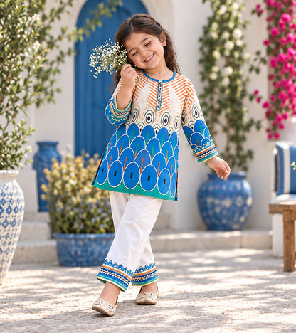 Azure Peacock Girls Pyjama Kurta Set