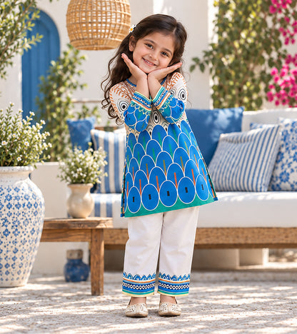 Azure Peacock Girls Pyjama Kurta Set