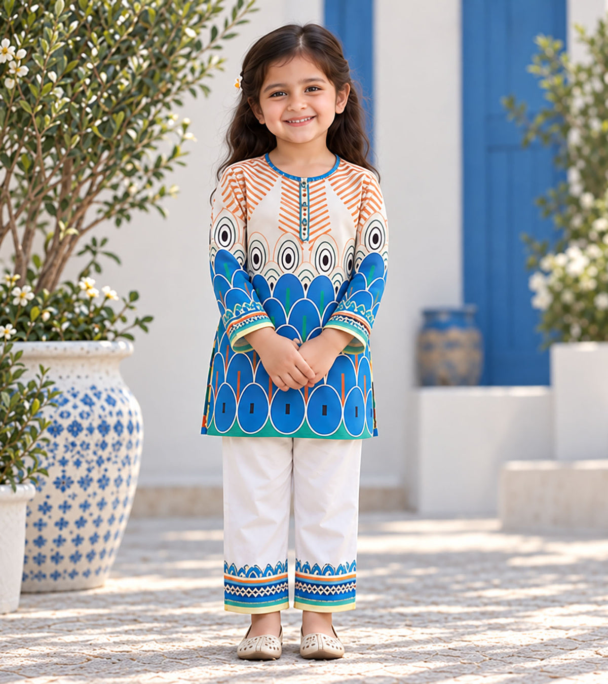 Azure Peacock Girls Pyjama Kurta Set