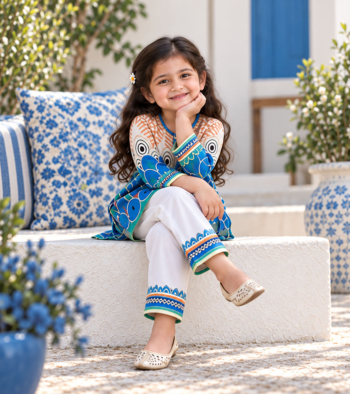 Azure Peacock Girls Pyjama Kurta Set