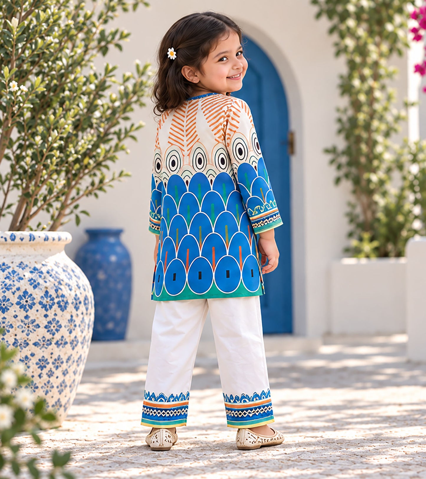 Azure Peacock Girls Pyjama Kurta Set