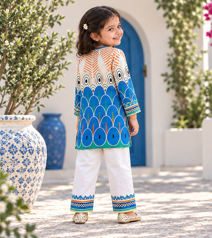 Azure Peacock Girls Pyjama Kurta Set