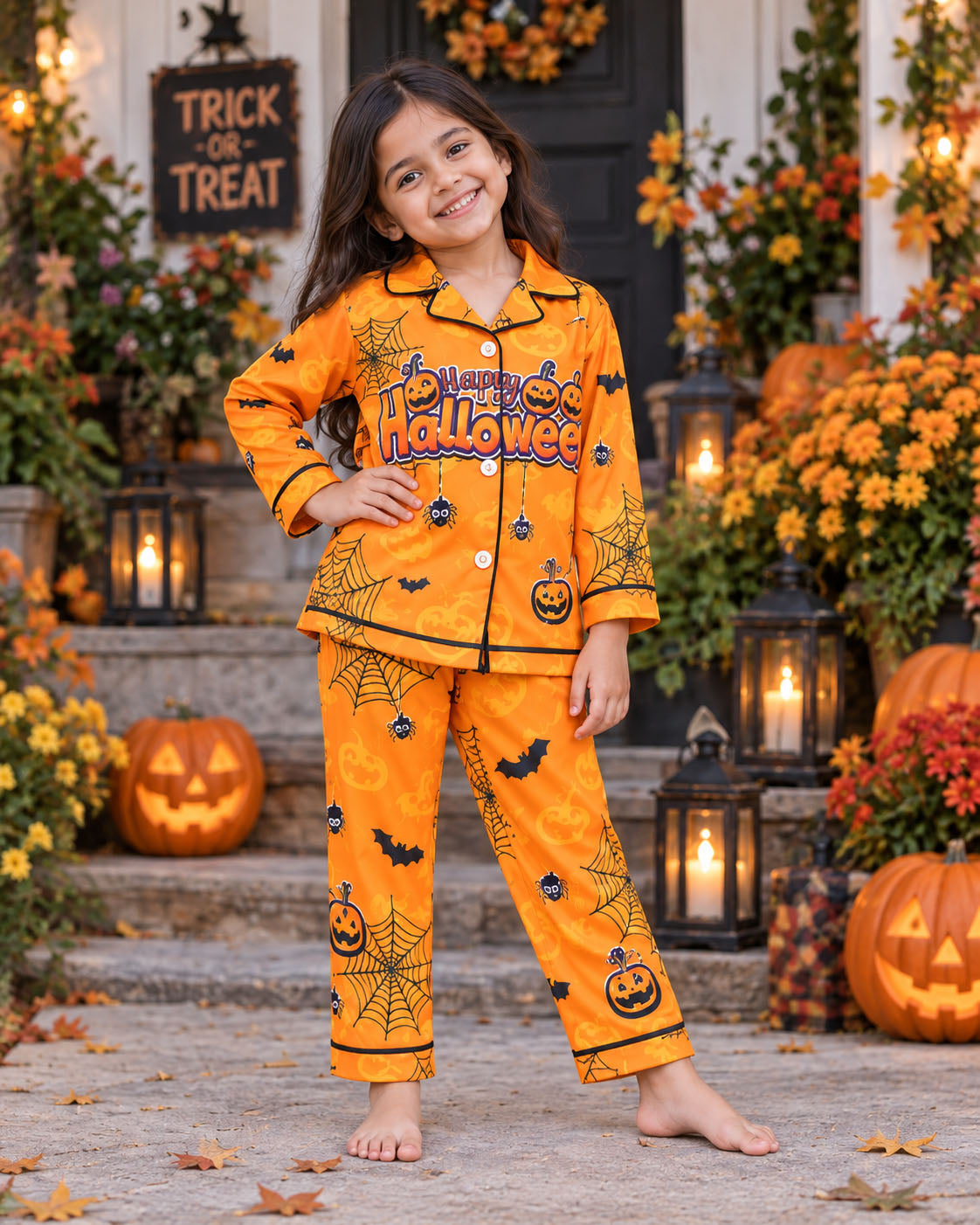 Pumpkin &amp; Spiderweb Pure Cotton Printed Pajama Set