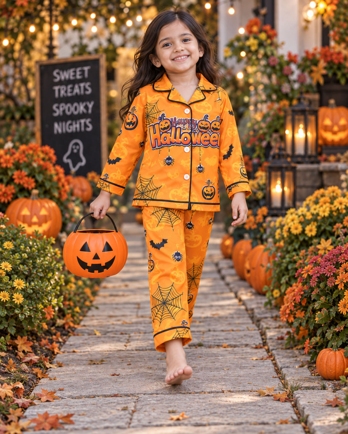 Pumpkin &amp; Spiderweb Pure Cotton Printed Pajama Set