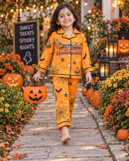 Pumpkin &amp; Spiderweb Pure Cotton Printed Pajama Set
