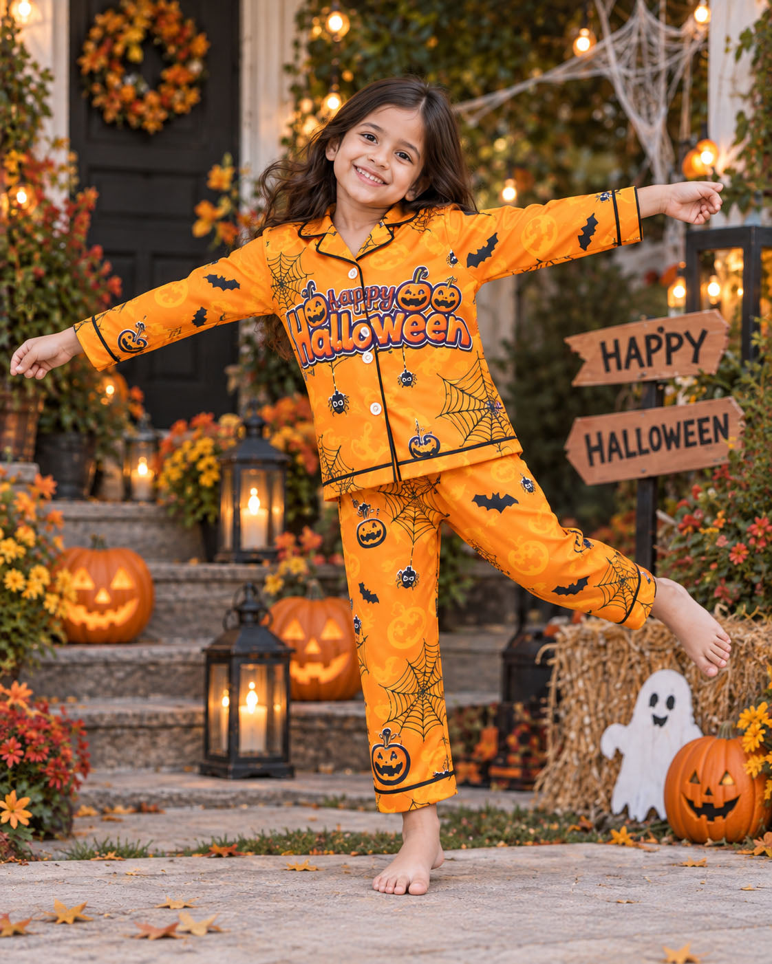 Pumpkin &amp; Spiderweb Pure Cotton Printed Pajama Set