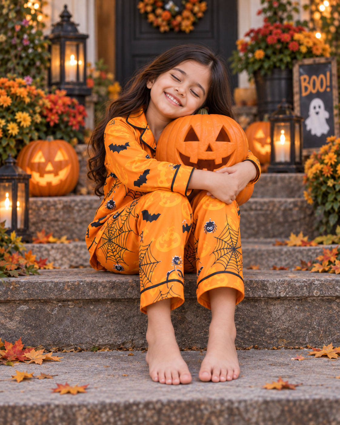 Pumpkin &amp; Spiderweb Pure Cotton Printed Pajama Set