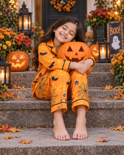 Pumpkin &amp; Spiderweb Pure Cotton Printed Pajama Set
