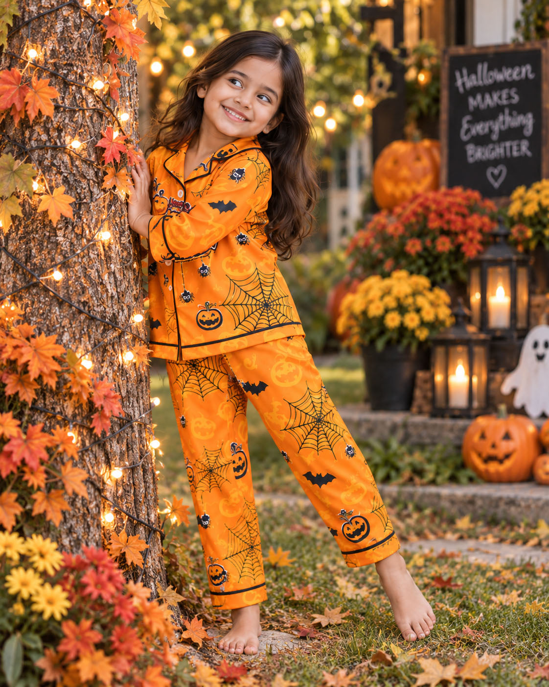 Pumpkin &amp; Spiderweb Pure Cotton Printed Pajama Set