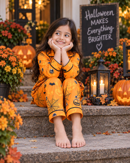 Pumpkin &amp; Spiderweb Pure Cotton Printed Pajama Set