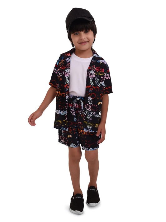 Black Floral Printed Cord Set for Boys