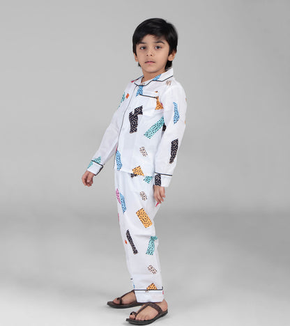 White Blocks Printed Boys Night Suit Set