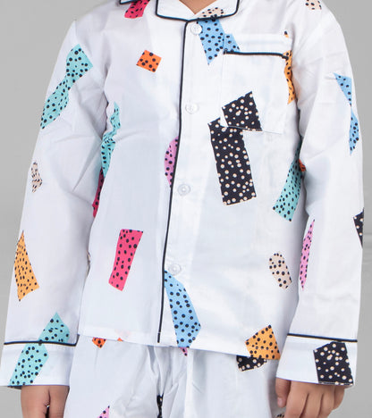 White Blocks Printed Boys Night Suit Set