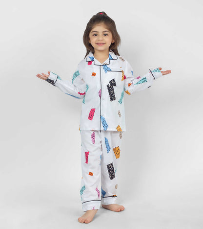 White Ground Blocks Printed Girls Night Suit Set