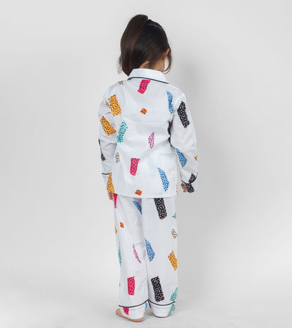 White Ground Blocks Printed Girls Night Suit Set