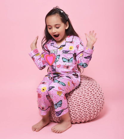 Butterfly World Printed Girls Nightsuit Set