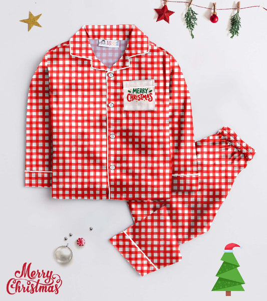 Christmas Checks  Pure Cotton Christmas Printed Nightsuit Set