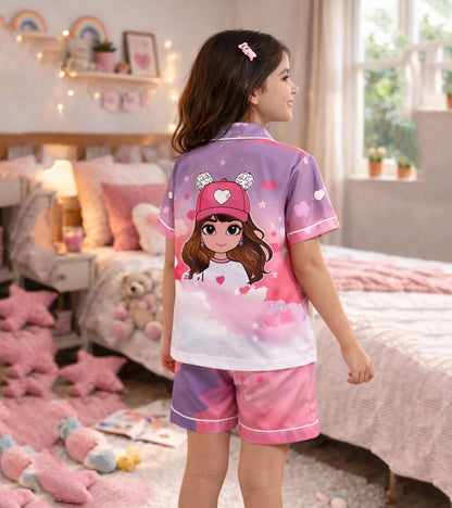Fashion Girl Printed Girls Pure Cotton  Half Nightsuit Set