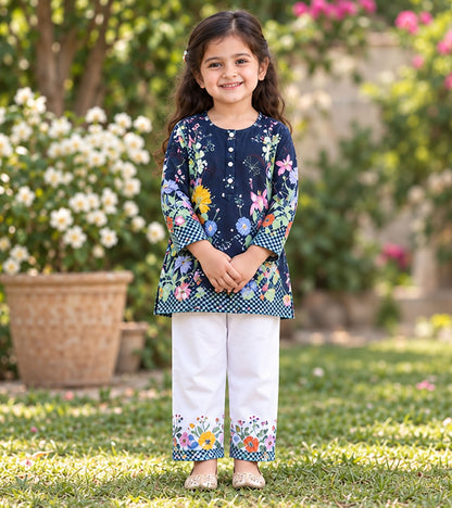 Floral Noir Girls Pyjama Kurta Set