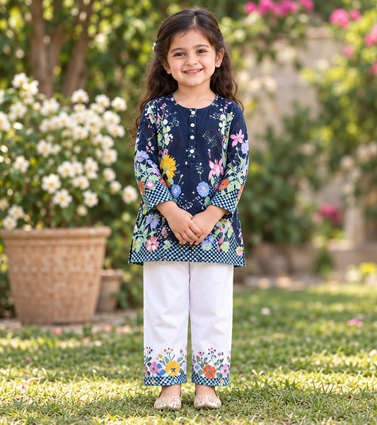 Floral Noir Girls Pyjama Kurta Set