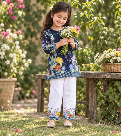 Floral Noir Girls Pyjama Kurta Set