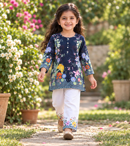 Floral Noir Girls Pyjama Kurta Set