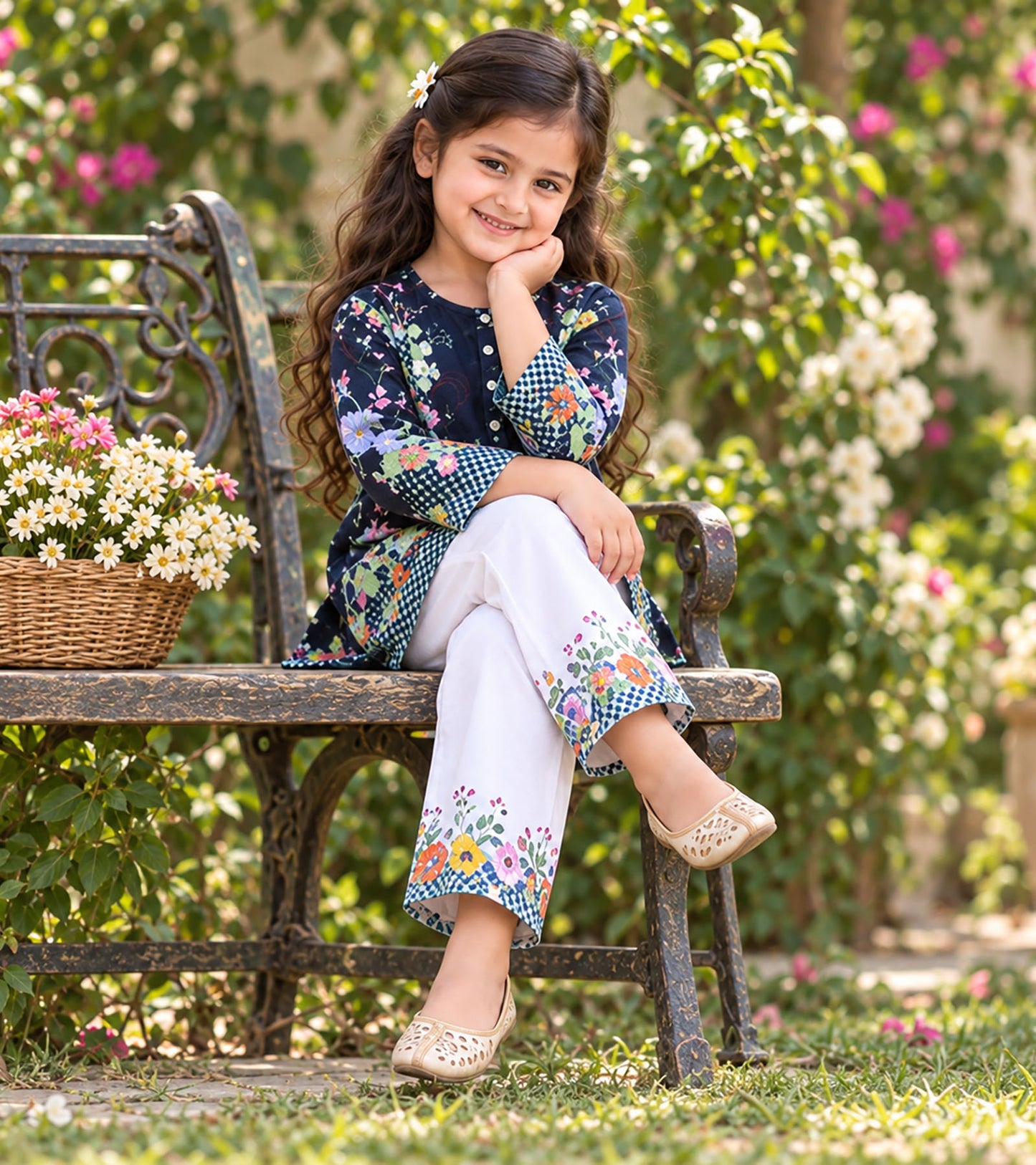 Floral Noir Girls Pyjama Kurta Set