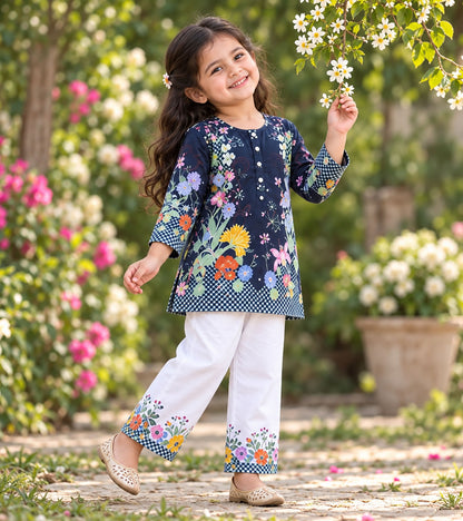 Floral Noir Girls Pyjama Kurta Set