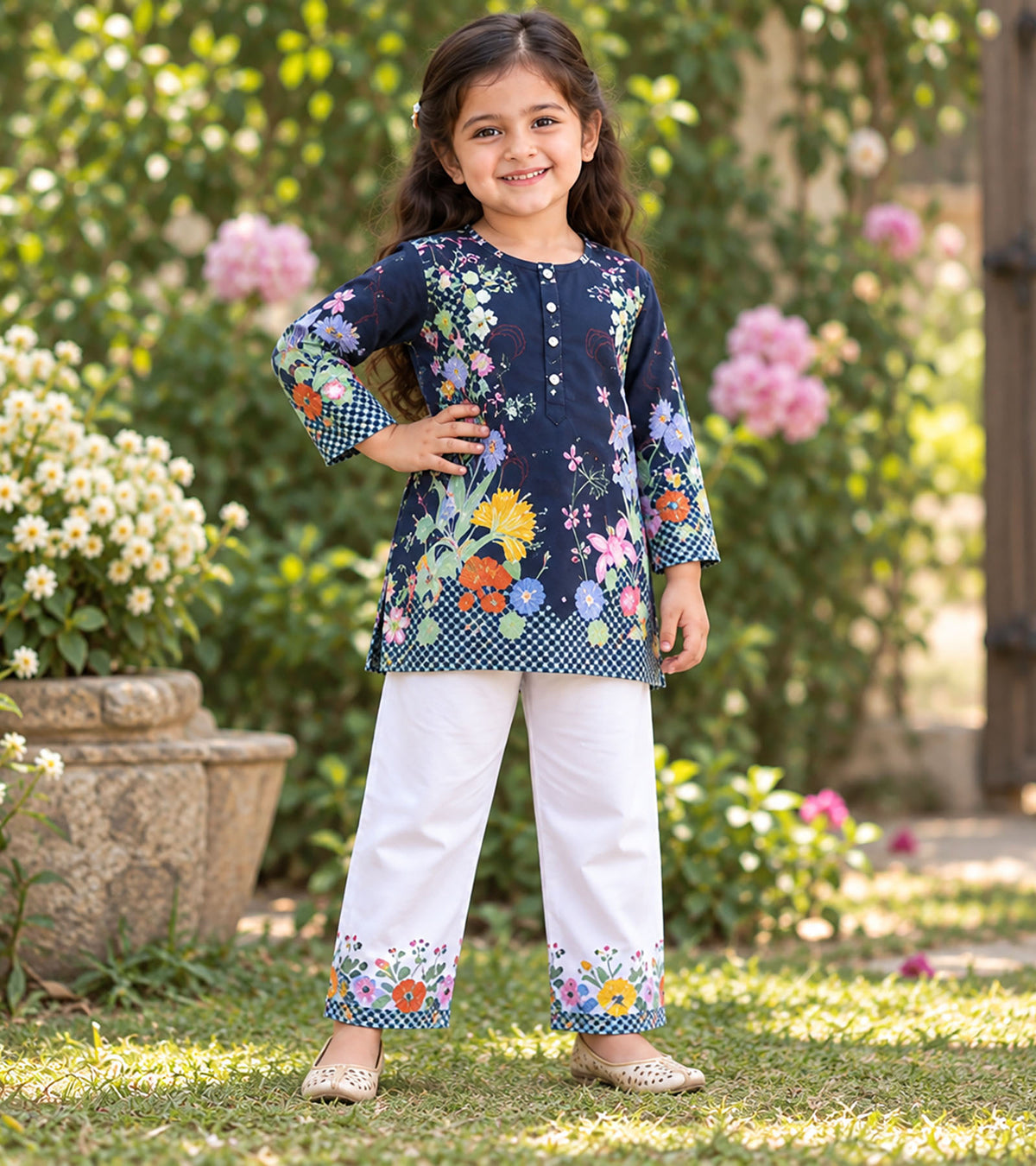 Floral Noir Girls Pyjama Kurta Set