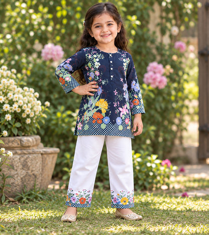 Floral Noir Girls Pyjama Kurta Set