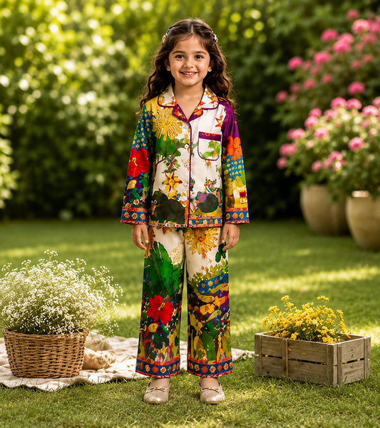 Garden Melody Printed Girls Pure Cotton Nightsuit Set