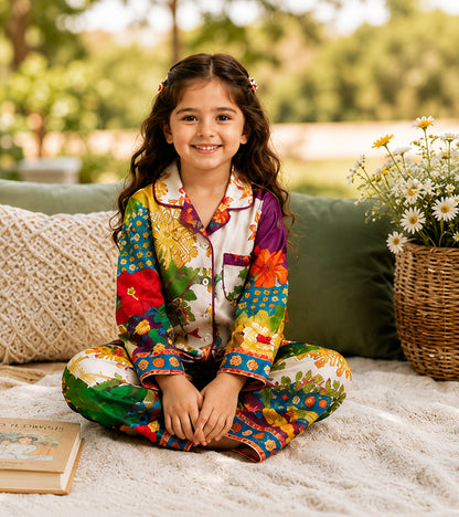 Garden Melody Printed Girls Pure Cotton Nightsuit Set