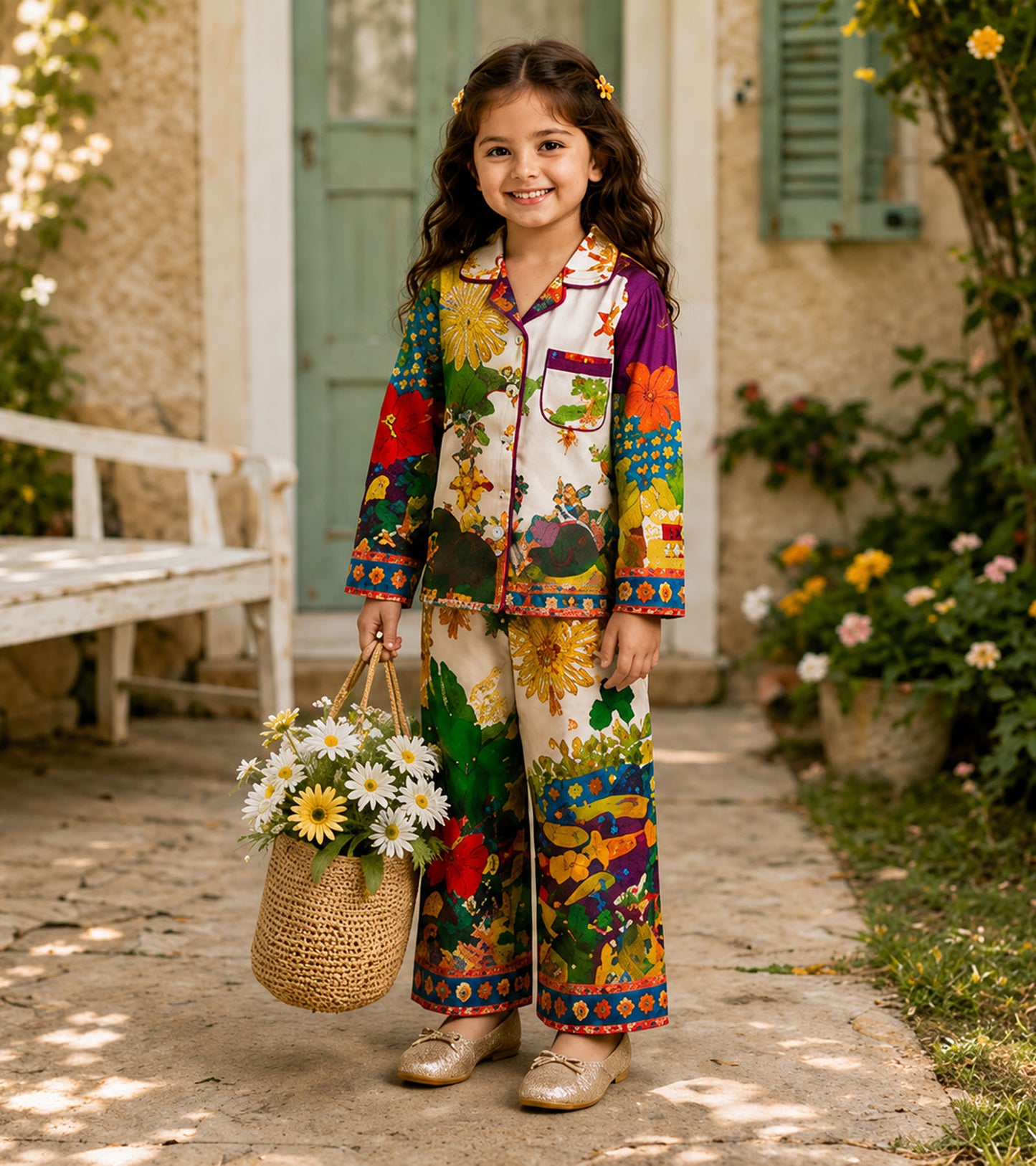 Garden Melody Printed Girls Pure Cotton Nightsuit Set