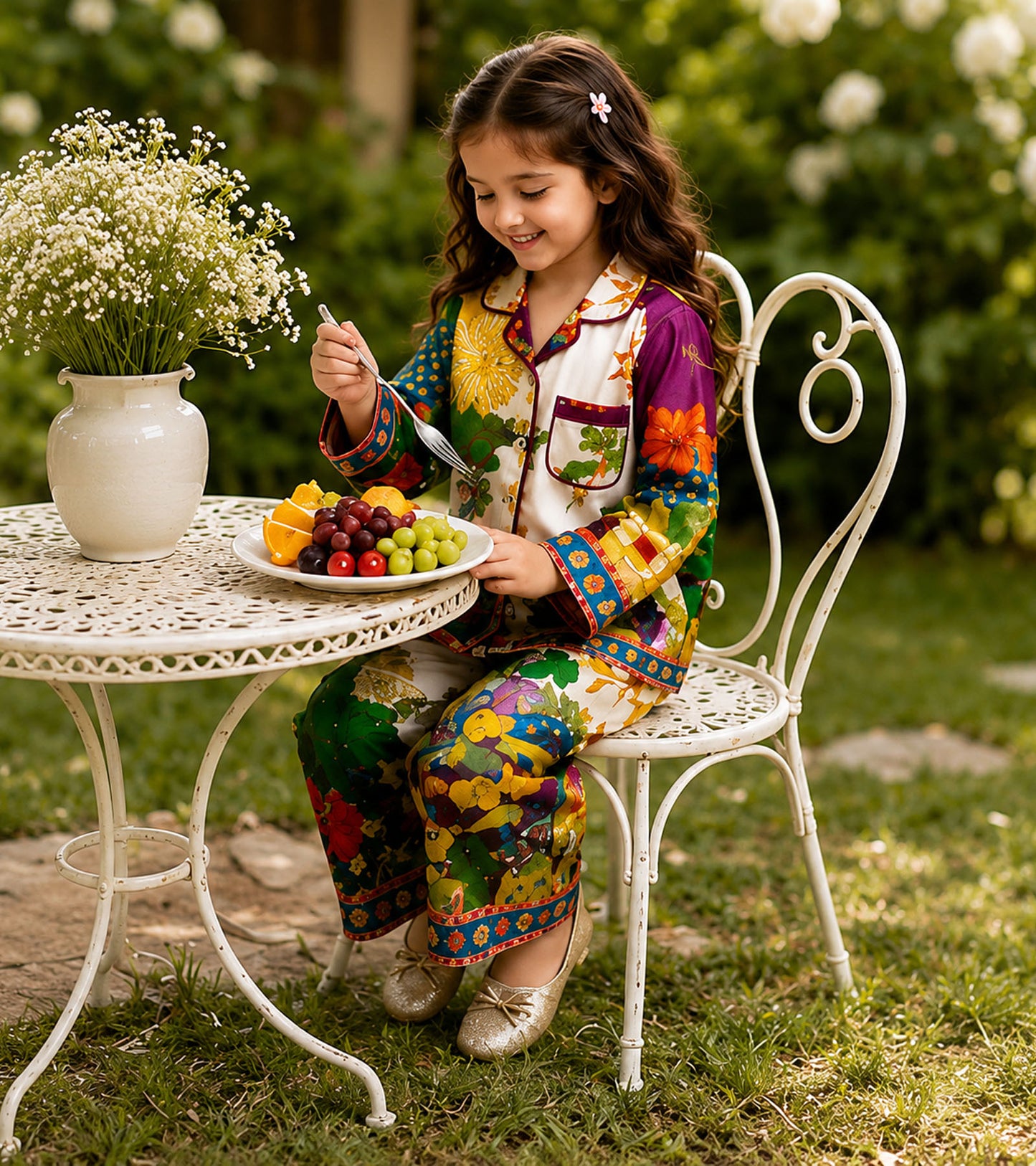Garden Melody Printed Girls Pure Cotton Nightsuit Set