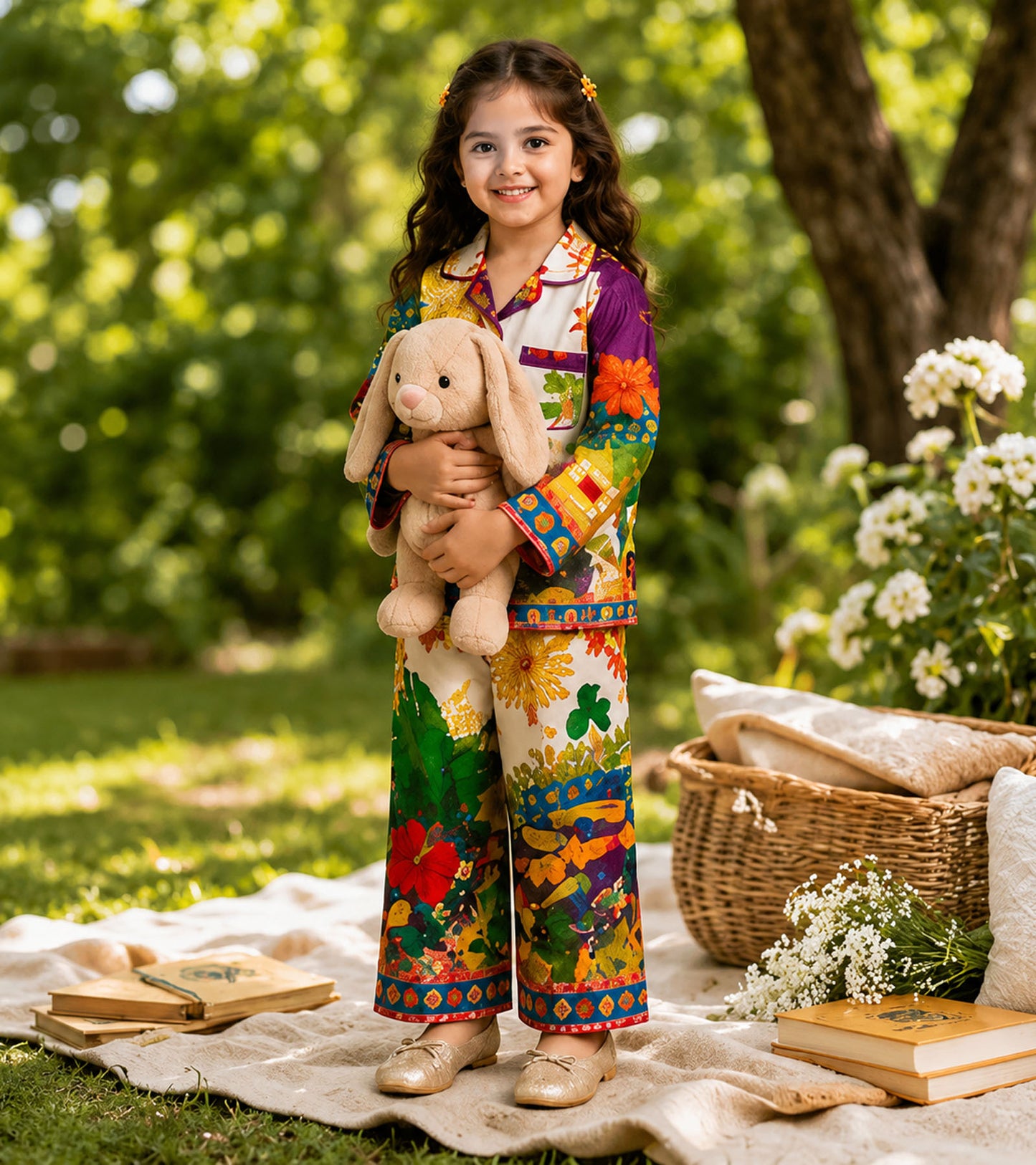 Garden Melody Printed Girls Pure Cotton Nightsuit Set