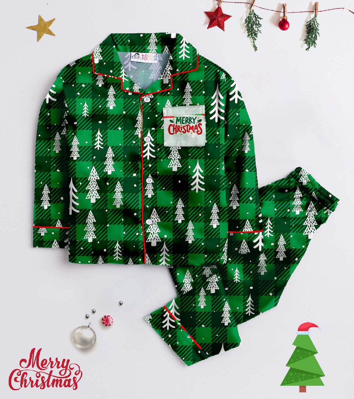 Green Checks And Tree Pure Cotton Christmas Printed Nightsuit Set