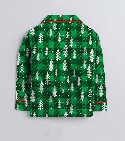 Green Checks And Tree Pure Cotton Christmas Printed Nightsuit Set