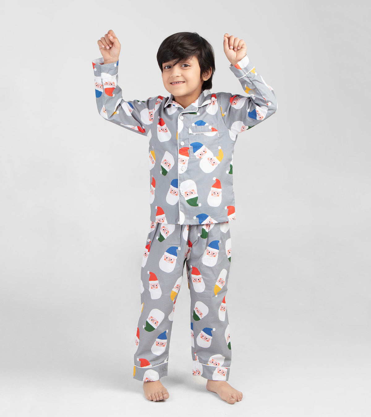 Multi Color Cap Grey Santa Christmas Printed Nightsuit Set
