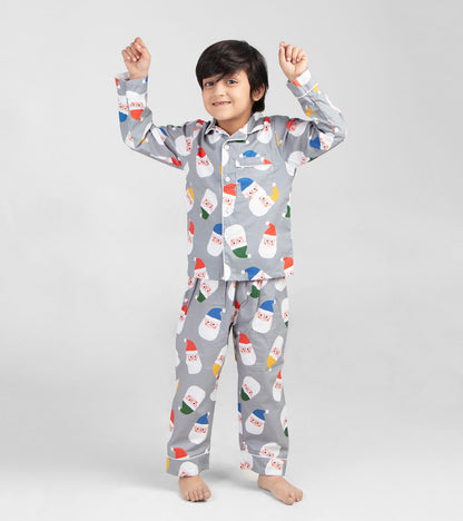 Multi Color Cap Grey Santa Christmas Printed Nightsuit Set