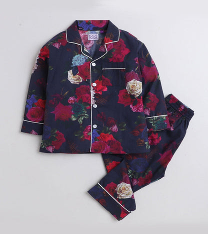 Black Floral Printed Nightsuit Set for Girls