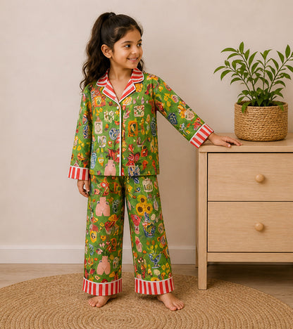 Little Woodland Dreams Printed Girls Pure Cotton Nightsuit Set