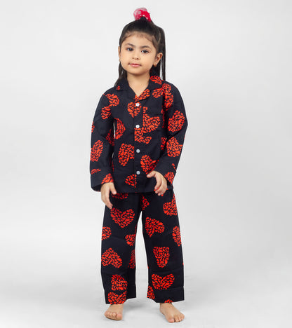 Love Art Black Printed Girls Nightsuit Set