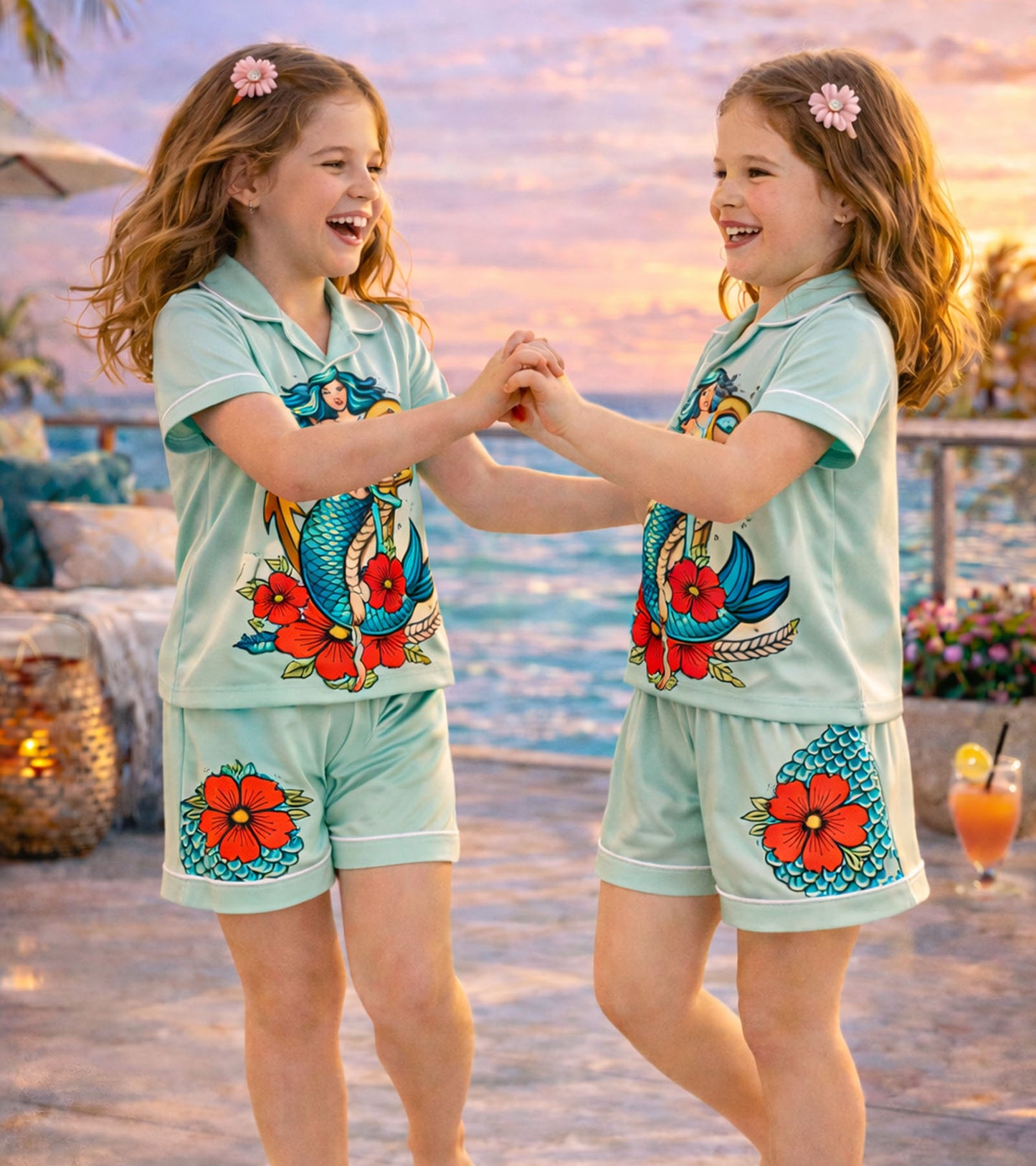 Mermaid Dream Printed Girls Pure Cotton Half Nightsuit Set