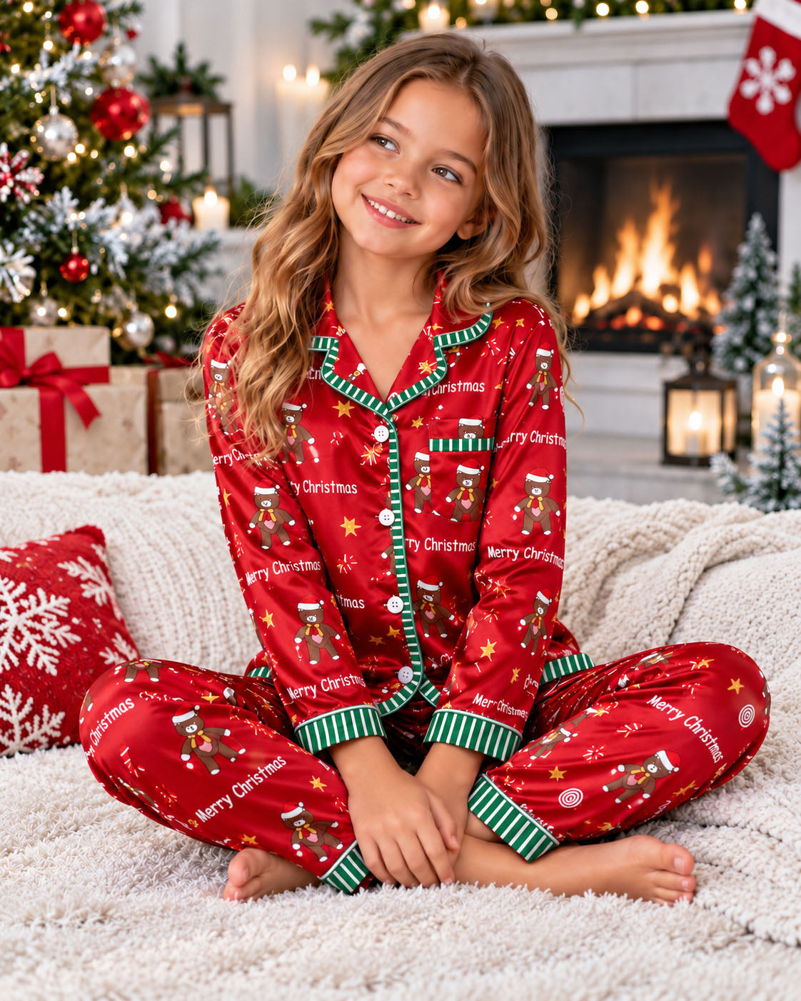 Merry Teddy Christmas Red Pajama Set