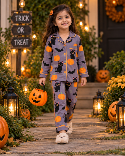 Midnight Kitty Halloween Pure Cotton Printed Pajama Set