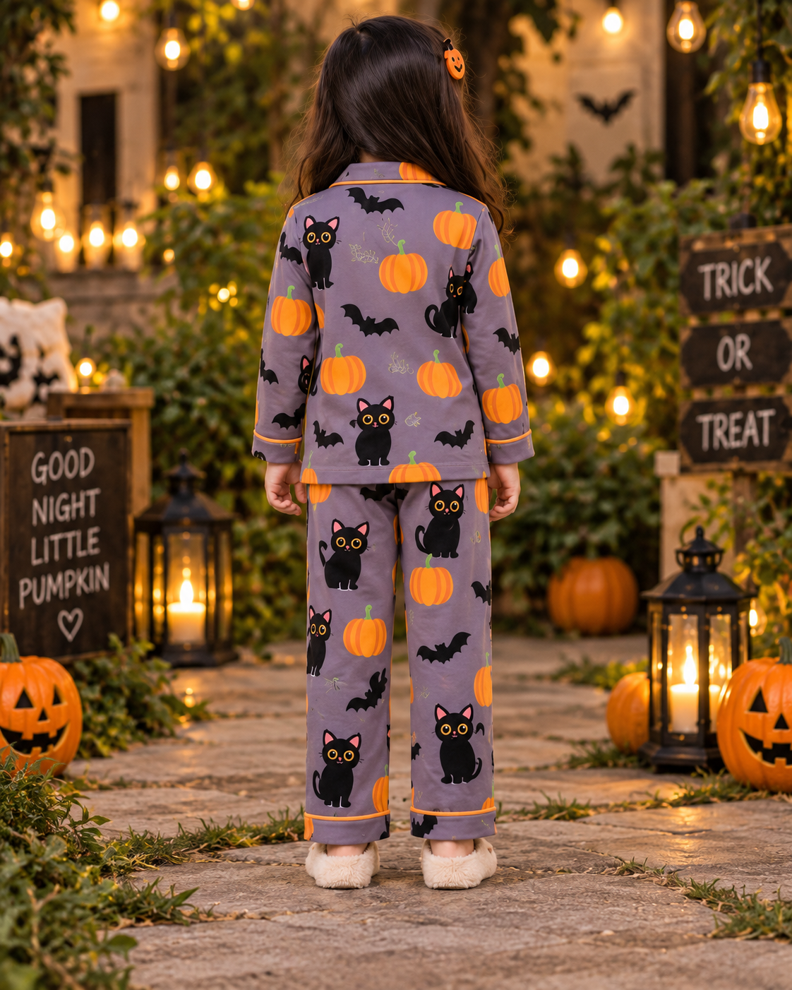 Midnight Kitty Halloween Pure Cotton Printed Pajama Set